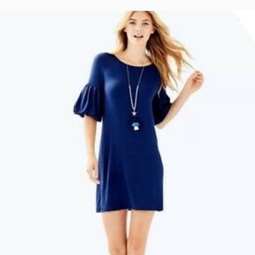 Lilly Pultizer Lindell Navy Blue Puffy Sleeve Tee Shirt Dress Size Medium